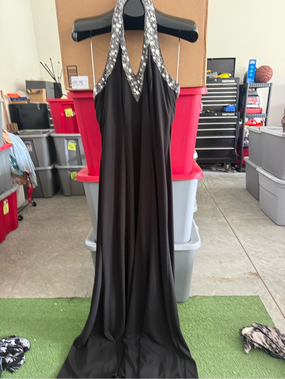 Black Halter Evening Gown with Sequin Trim mp51